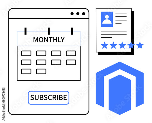 Monthly calendar with subscribe button, user profile document featuring ratings, and hexagonal abstract icon. Ideal for subscription services, customer satisfaction, SaaS, e-commerce, brand loyalty