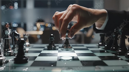 Strategic chess game close-up A hand moves a pawn on a sleek board symbolizing business strategy intellectual challenge and competitive thinking for success