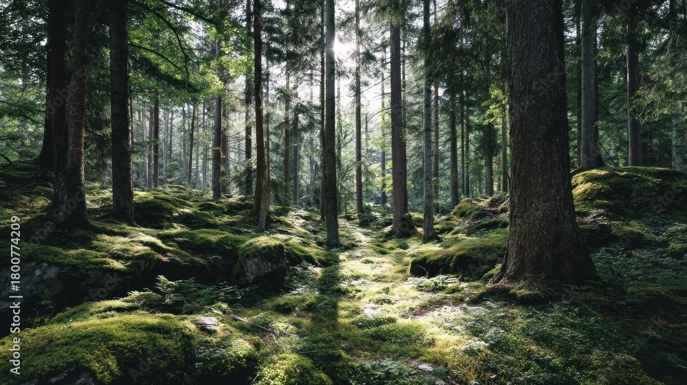 Obraz premium A serene forest scene with tall, slender trees and moss-covered rocks, illuminated by soft sunlight filtering through the canopy.