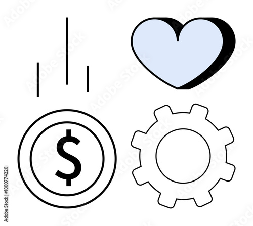 Vertical growth bars, heart for affection, coin for finance, gear for process combine to symbolize development, connection, and planning. Ideal for productivity, teamwork, finance relationship