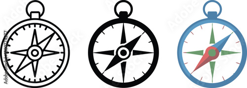 Three Compass Icons in Outline Solid and Color Styles , compass, navigation, direction, travel, 