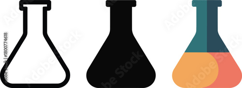 Three Erlenmeyer Flask Icons Outline Silhouette Color , flask, erlenmeyer, laboratory, science, chemical, experiment, research