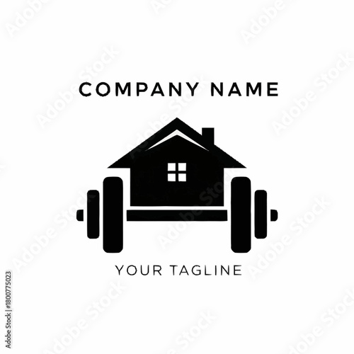 Home Gym Fitness Logo Design with House and Dumbbell Icon.