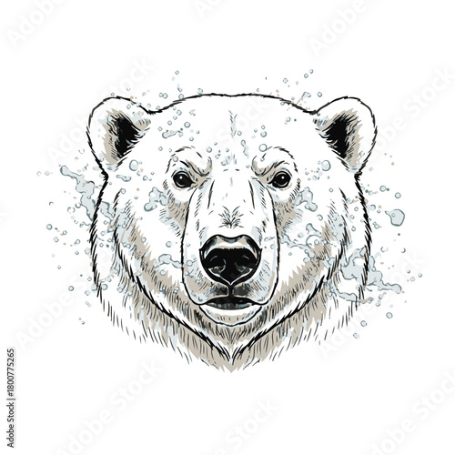 a black and white sketch of polar bear. a drawing of a polar bear's head with splash of water