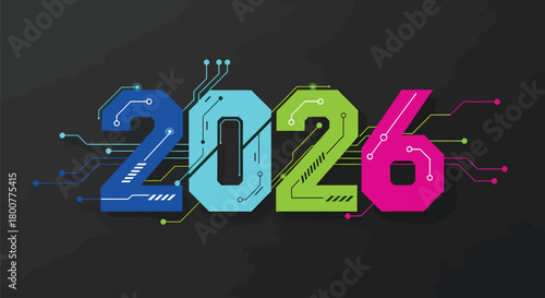 Colorful 2026 Digits with Circuit Board Design on Dark Background.
