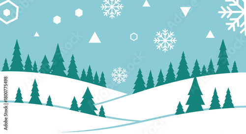 Winter Landscape with Snow-Covered Hills and Evergreen Trees.