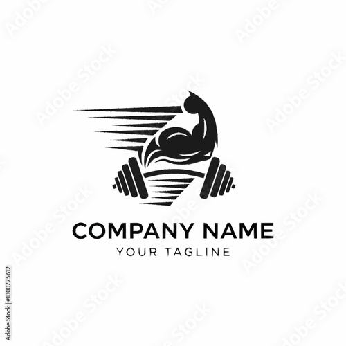 Dynamic fitness logo showcasing strength and speed with a barbell and flexing arm.