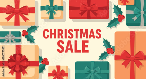 Christmas Sale with Gift Boxes and Holly Berries Festive Design.