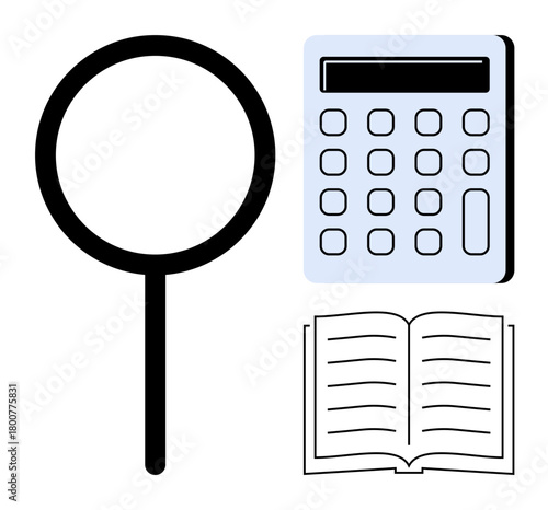 Magnifying glass for exploration, calculator for financial or data analysis, open book for knowledge. Ideal for education, research, finance, auditing, problem-solving, data analysis critical
