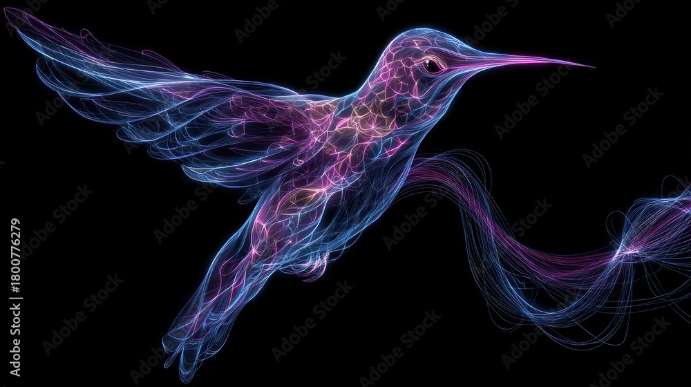 Obraz premium A vibrant, abstract hummingbird with a pink and blue hue, flying against a black background with a subtle gradient effect, creating a mesmerizing and ethereal visual experience.