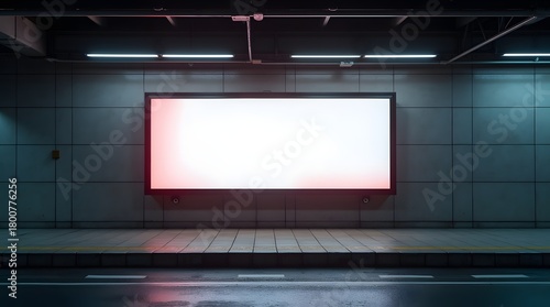 Commercial Display Mockup: Blank Billboard with Colorful LED Light in Subway Environment