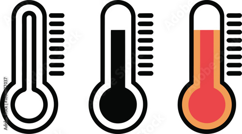 Three Styles of Thermometer Icons on White Background Keywords: thermometer, temperature, heat, cold, measurement, weather, medical, fever, icon