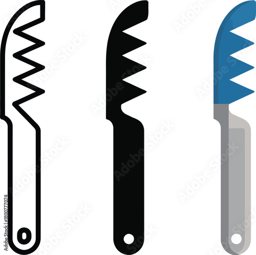 Three Styles of Serrated Knife Icons on White Background Keywords: knife, serrated, blade, cutting, tool, kitchen, food, preparation, utensil