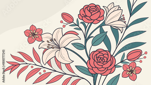 Illustration of roses and lilies with leaves on a light background in a floral arrangement