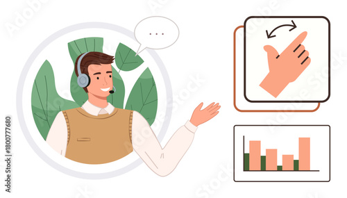 Smiling man in headset gestures towards interactive charts and gestures, symbolizing communication, data presentation, virtual assistance, online learning, and customer interaction. Ideal
