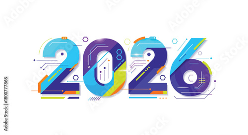 Colorful 2026 New Year Design with Tech Elements.
