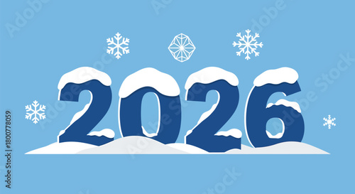 2026 New Year Illustration with Snow and Blue Background.