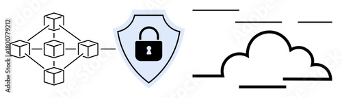 Blockchain network with nodes, secure shield with lock, and stylized cloud lines representing security, connectivity, and cloud technology. Ideal for data safety, cloud computing, encryption