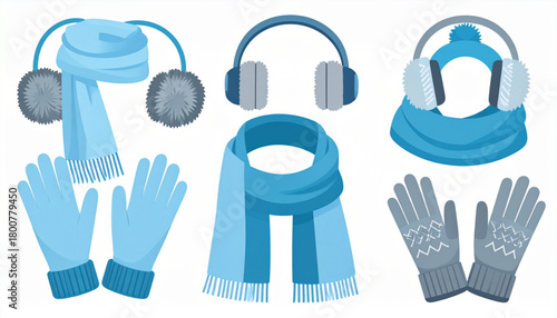 Icy Blue & Gray Flat Icons of Winter Clothing Accessories