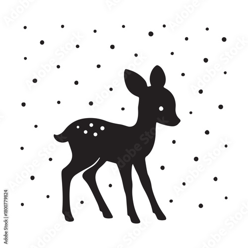 A charming silhouette of a baby deer with spots, standing under falling snowflakes, evoking a sense of winter wonder and gentle nature scenes