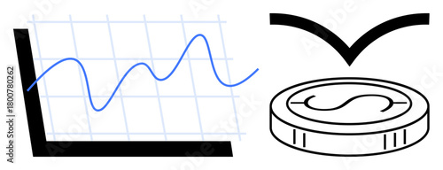 Line graph on fluctuating growth, coin with arrow indicating monetary focus. Ideal for finance, investment, savings, economics, budgeting, data analytics. Minimal flat metaphor