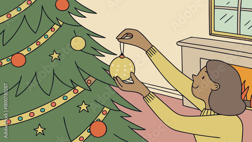 Person decorating christmas tree with ornaments near a fireplace in a cozy room setting indoors