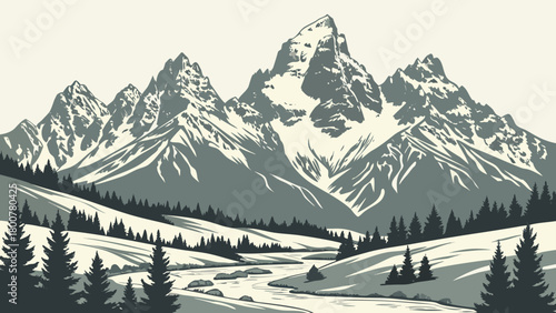 Illustration of a winter landscape with snow covered mountains and a winding river through trees