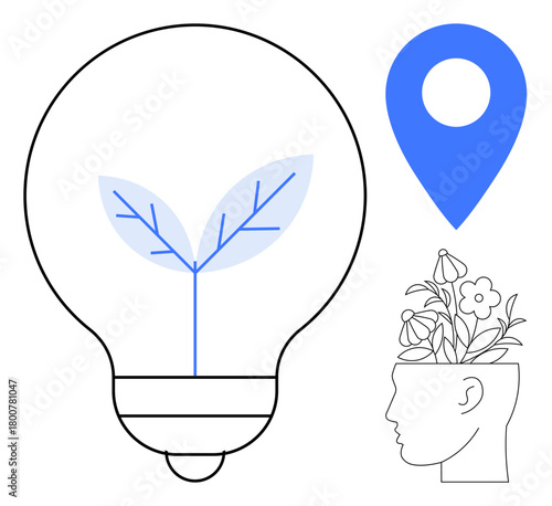 Light bulb with sprouting plant, human head with growing flowers, geolocation icon. Ideal for sustainability, growth, ecology, innovation, creativity awareness self-improvement. Simple flat