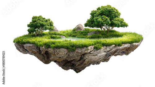 Floating Island Serenity: A whimsical floating island, adorned with lush green grass, vibrant trees, and serene water, offers a tranquil escape, showcasing the beauty of nature.