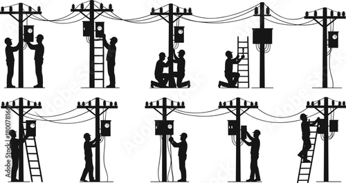 Utility workers silhouette vector set, electrical line maintenance illustration, meter reading and repair artwork, ladder climbing safety concept, power distribution infrastructure design