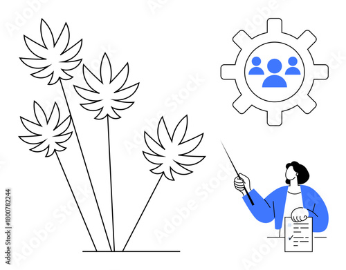 Woman presenting concepts with a pointer, cannabis plants, and teamwork gear icon. Ideal for sustainability, teamwork, agriculture, planning, education communication leadership. Simple flat
