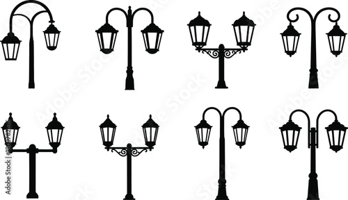 Vintage street lamp silhouettes vector, ornate dual lantern designs illustration, decorative urban lighting