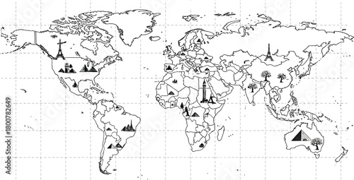 World map illustration with landmarks and trees scattered across the continents in black and white