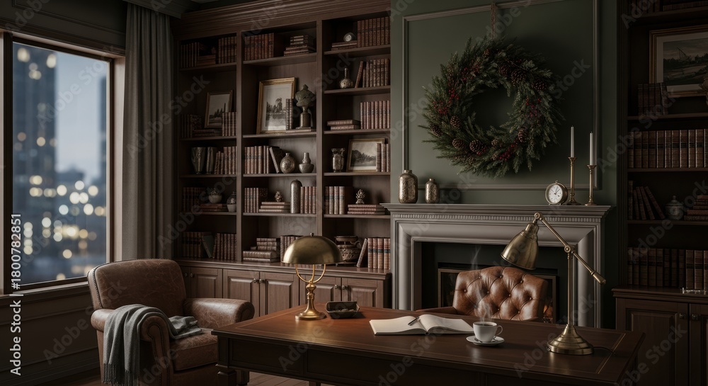 Naklejka premium A private home office with a wall of curated bookshelves and a tasteful wreath over the fireplace, rendered with a moody, dramatic lighting style and the city skyline outside blurred into a soft bokeh
