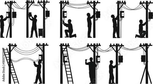 Utility workers silhouette vector set, electrical line maintenance illustration, meter reading and repair artwork, ladder climbing safety concept, power distribution infrastructure design