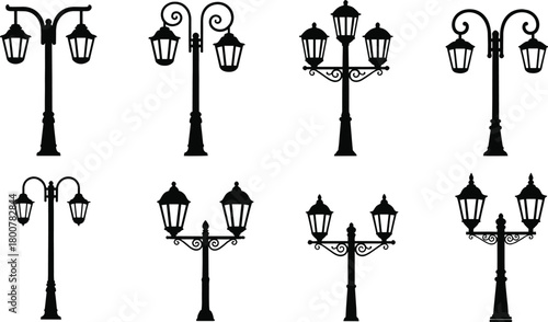 Vintage street lamp silhouettes vector, ornate lantern designs illustration, decorative urban