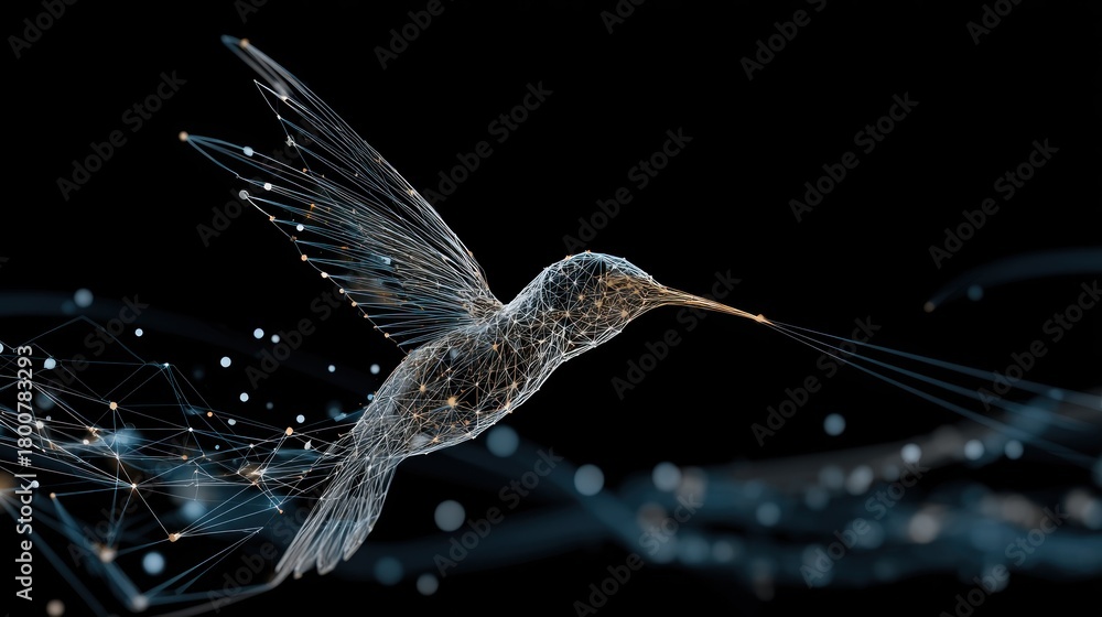 Fototapeta premium A hummingbird with intricate patterns on its wings and body, flying against a black background with a network of lines and dots, creating a sense of motion and energy.
