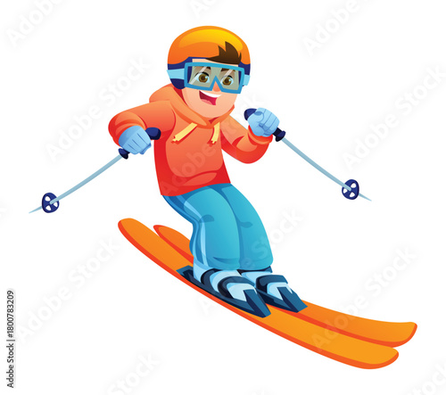 Cheerful little boy in a hoodie and pants enjoying a downhill ski run, having fun in winter. Vector cartoon illustration