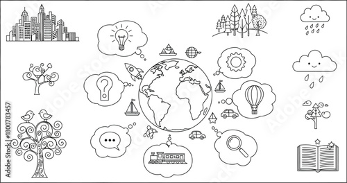 Black and white outline drawing featuring earth surrounded by various icons and thought bubbles design