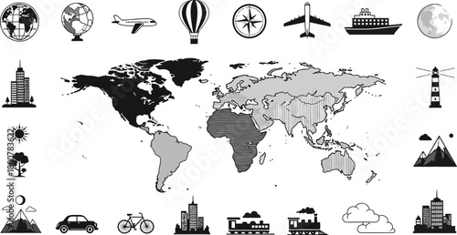 World map with travel icons including airplanes, trains, and landmarks in black and white style