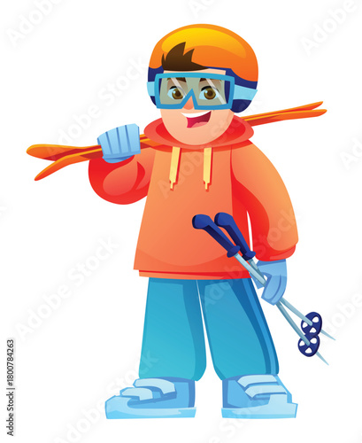 Happy boy carrying skis and poles on his shoulder wearing warm winter clothes ready for fun snow activities. Vector cartoon character illustration