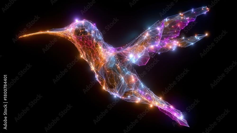 Obraz premium A colorful, abstract, digital hummingbird with glowing, multicolored lights and lines, set against a black background with a glowing, starry sky.