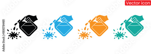 Cleaning fluid pouring creating a splash, available in four colors,