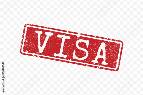 Red distressed rubber stamp with bold slanted white travel document word VISA