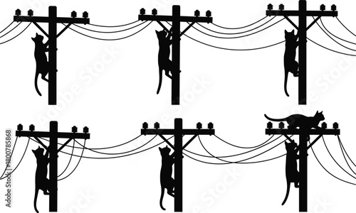 Cats climbing utility poles silhouette, playful feline behavior, electrical power lines with insulators, creative infrastructure illustration, curiosity and agility concept, vector art