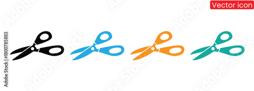 Colorful scissors open ready for creative cutting tasks,Scissors icon set. Simple silhouette of open scissors. Scissors logo icon. Stock vector illustration isolated on a white background.
