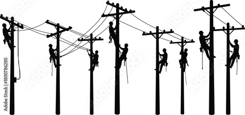 Eight utility workers climbing poles, electrical line maintenance silhouette vector illustration, teamwork with safety gear artwork, black and white energy infrastructure design