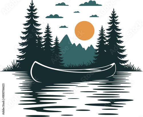 Serene canoe on lake at sunset silhouette