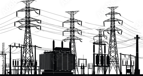 Electrical substation with transmission towers, high voltage power distribution infrastructure, transformers