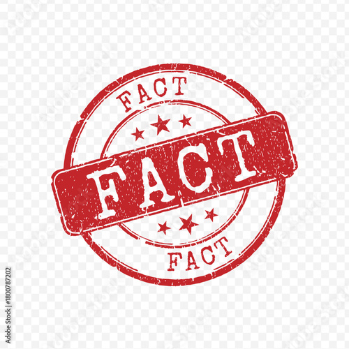 Circular red grunge rubber stamp with bold FACT text and three stars